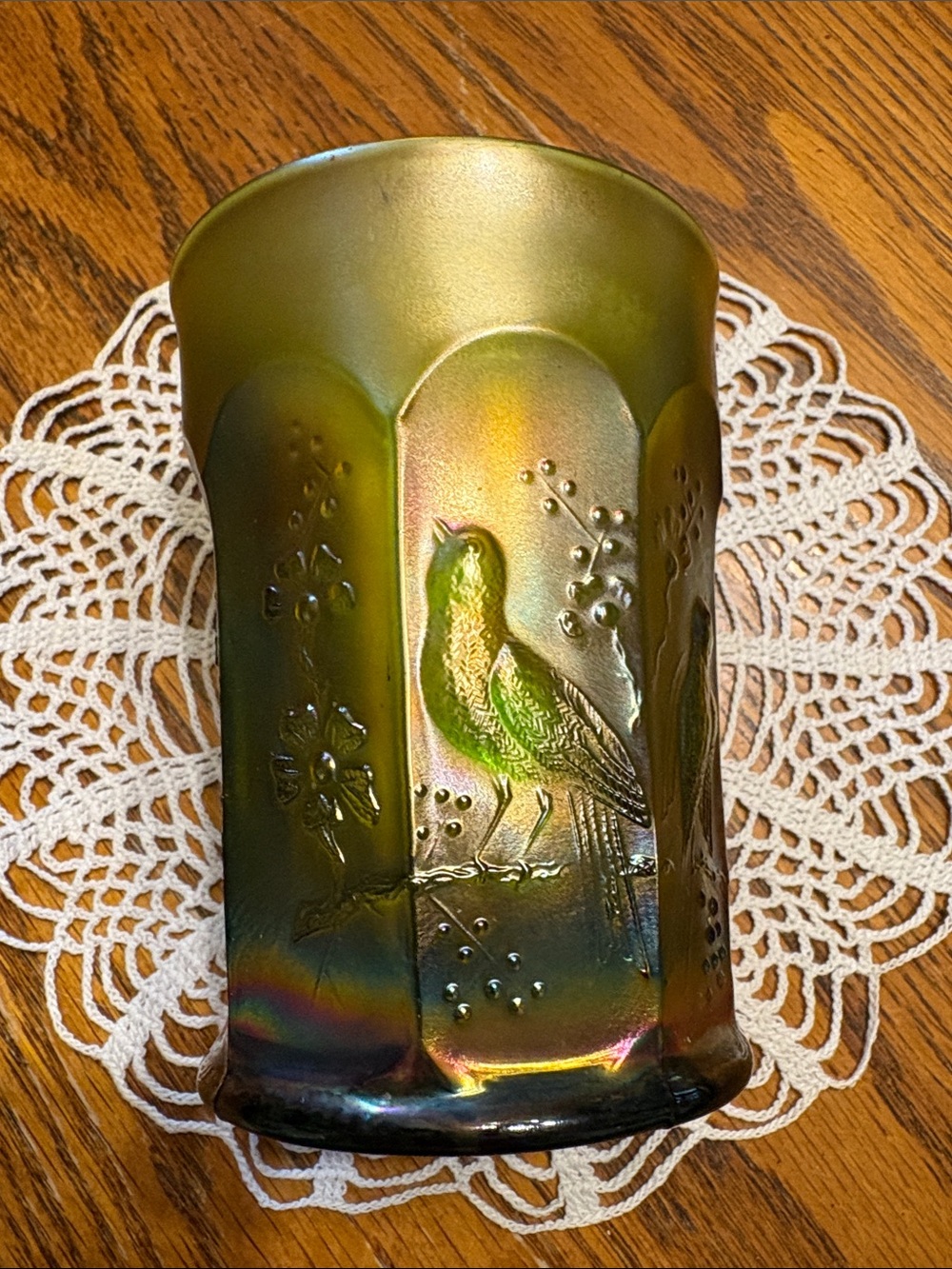 Antique 1912 Northwood Carnival Glass Tumbler Singing Birds Green Gold
